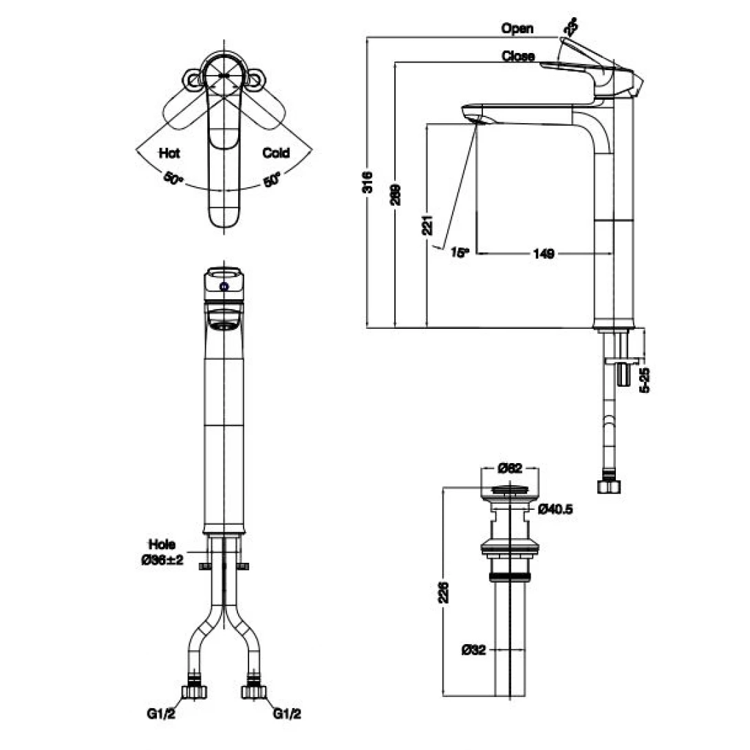 Vòi Lavabo Inax LFV-1402SH / Nóng, lạnh thân cao kèm trụ xả nhấn