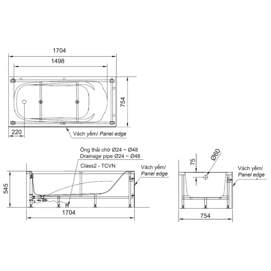 Bồn tắm Inax FBV-1702SL / chân yếm trái 1.7 mét