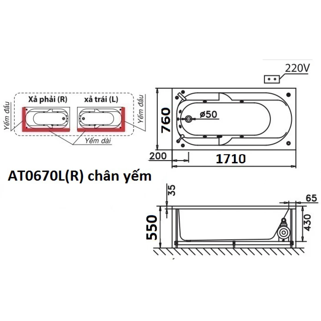 Bồn tắm Chân Yếm 1.7M CAESAR AT0670L/R